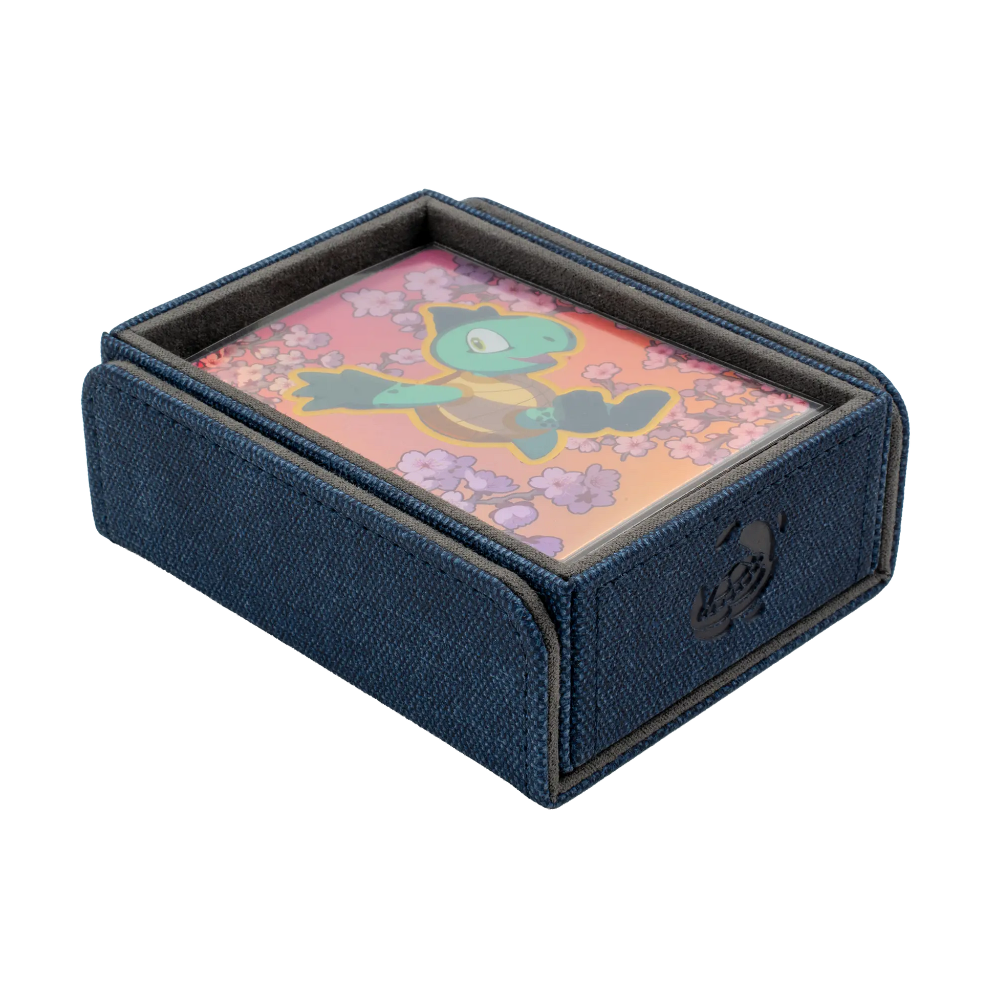 open night blue resistant denim-like caratex tokencove box for dice, tokens and counters or sleeved tcg trading cards filled with cards and with removable, magnetic cover clipped to bottom