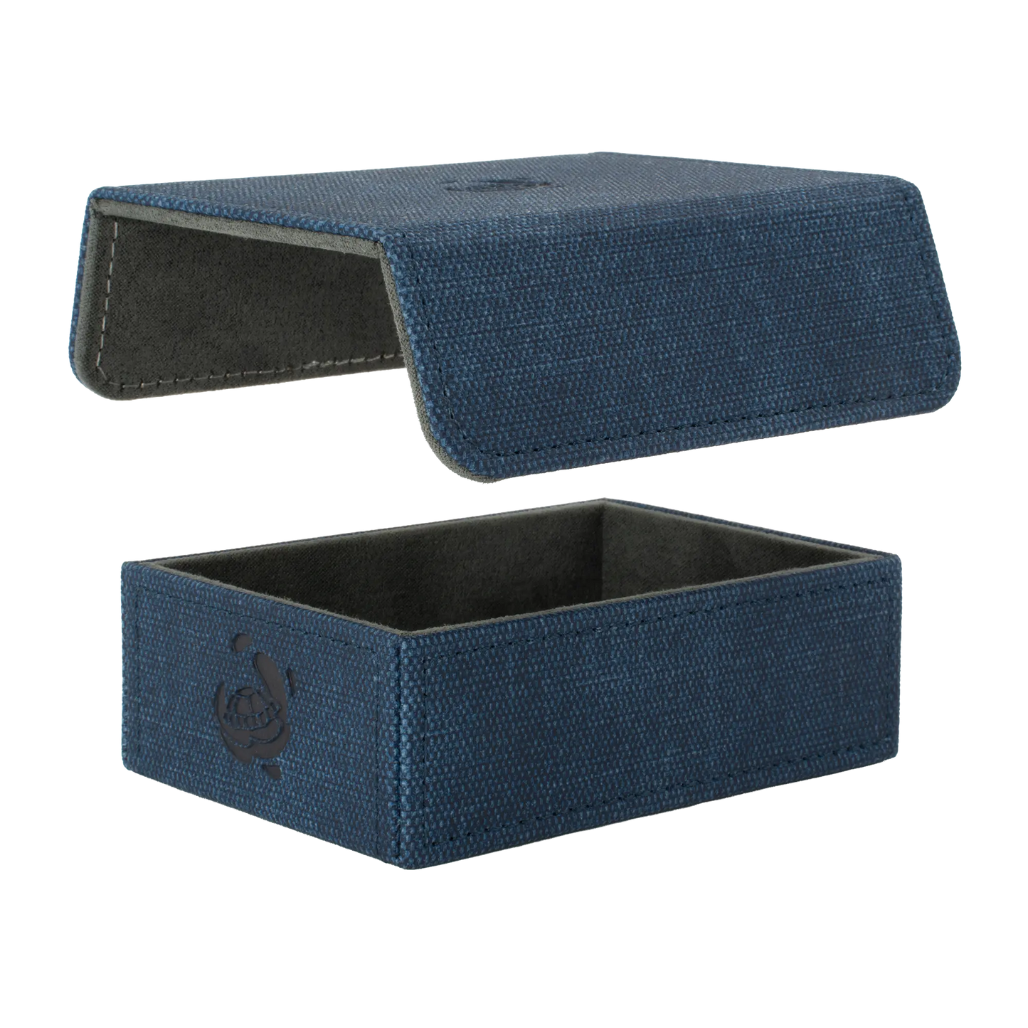 removable, magnetic cover and bottom of empty night blue resistant denim-like caratex tokencove box for dice, tokens and counters or sleeved tcg trading cards