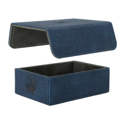 removable, magnetic cover and bottom of empty night blue resistant denim-like caratex tokencove box for dice, tokens and counters or sleeved tcg trading cards