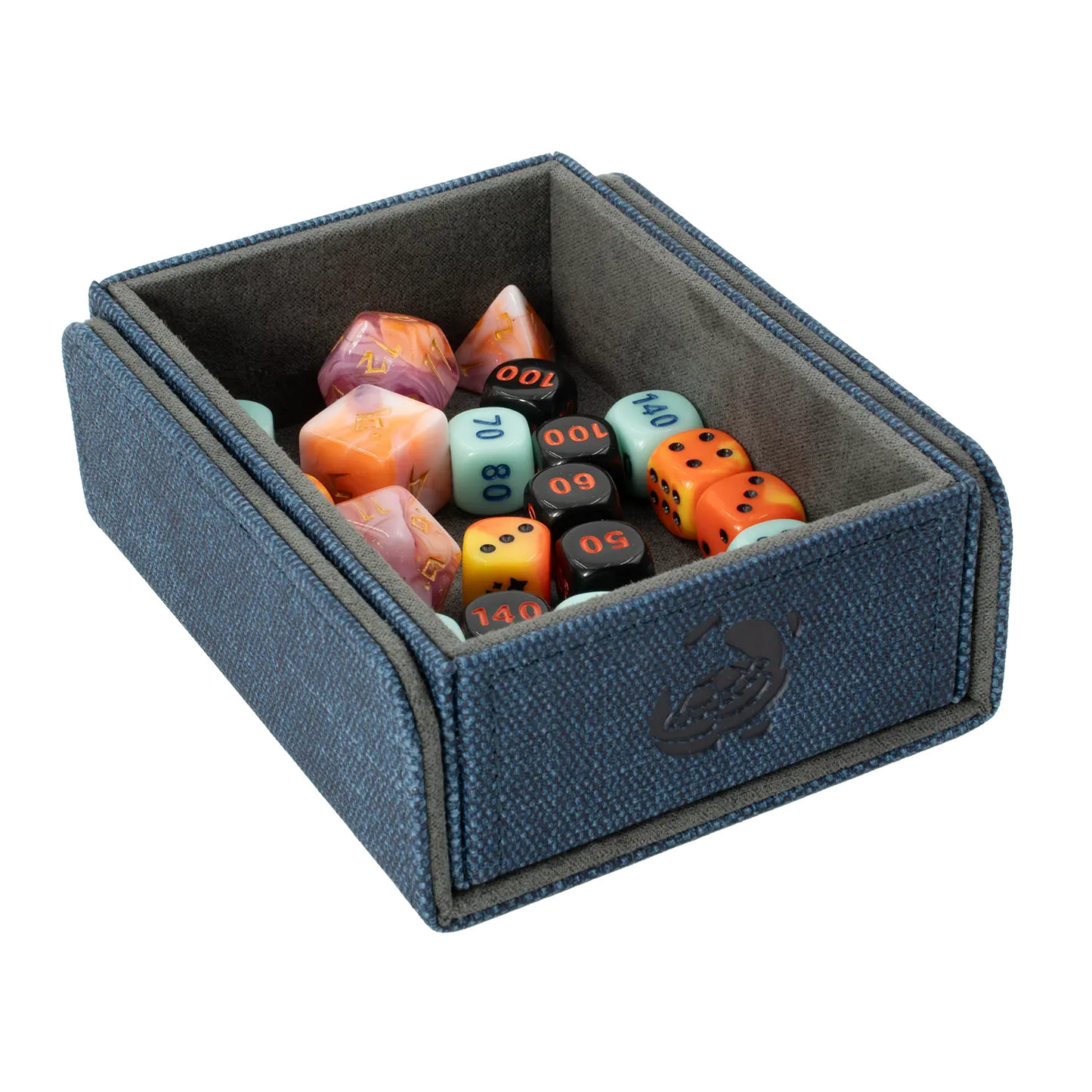 CaraTex TokenCove Nightblue open dice and token box filled with colorful dice for trading card and tabletop games