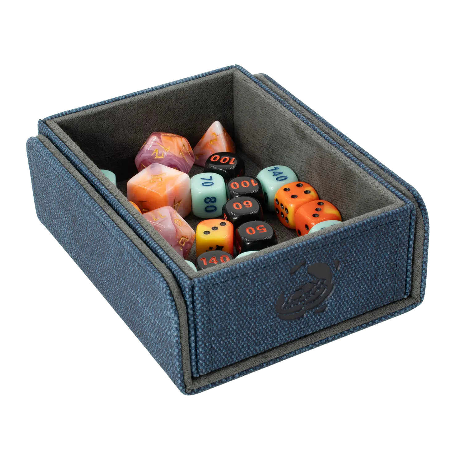 CaraTex TokenCove Nightblue open dice and token box filled with colorful dice for trading card and tabletop games