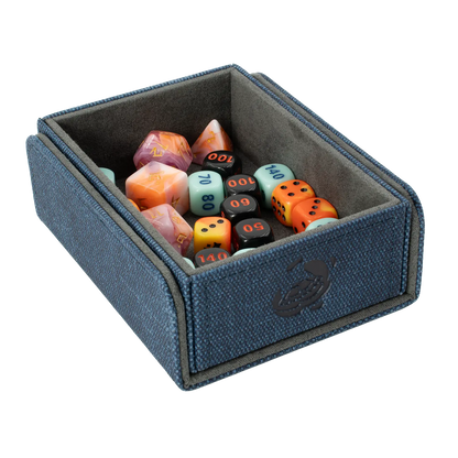 CaraTex TokenCove Nightblue open dice and token box filled with colorful dice for trading card and tabletop games