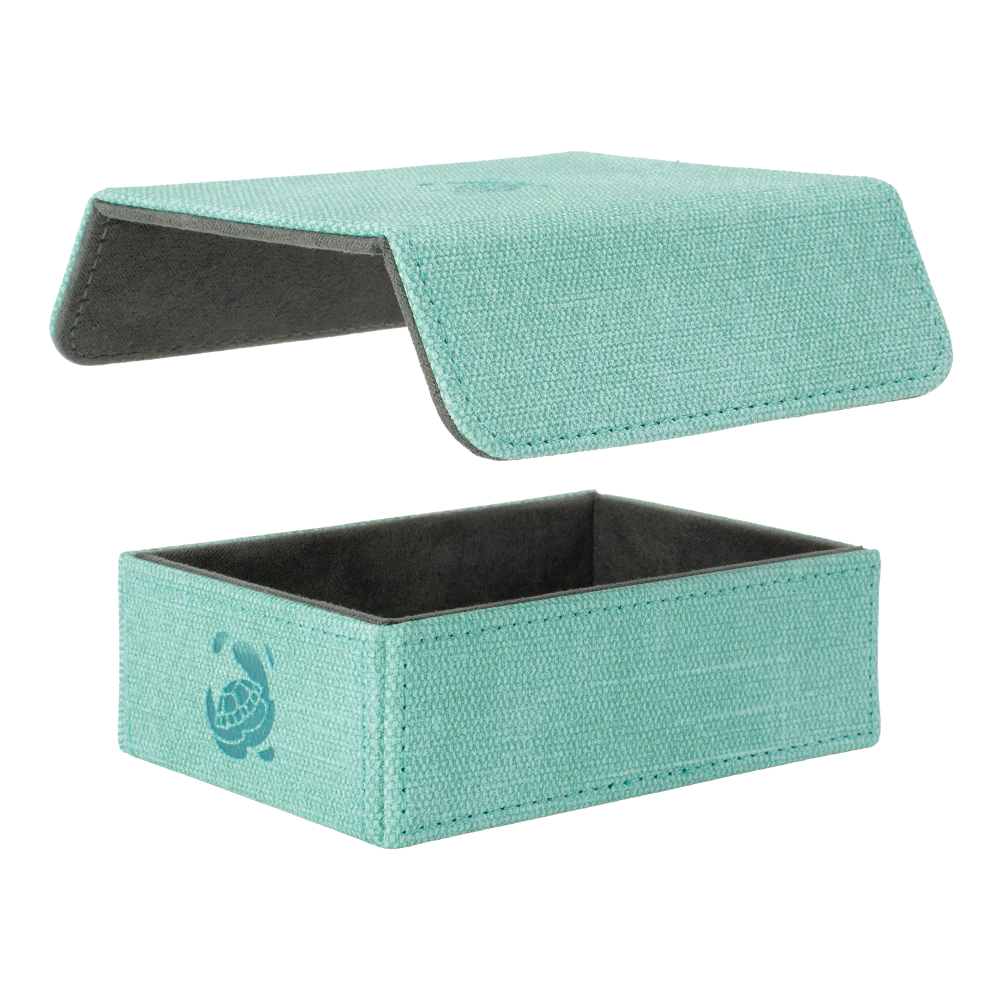 removable, magnetic cover and bottom of empty turquoise resistant denim-like caratex tokencove box for dice, tokens and counters or sleeved tcg trading cards