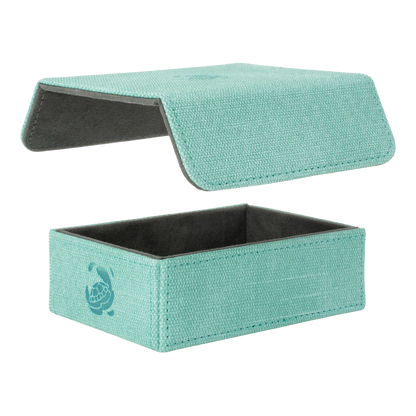 removable, magnetic cover and bottom of empty turquoise resistant denim-like caratex tokencove box for dice, tokens and counters or sleeved tcg trading cards