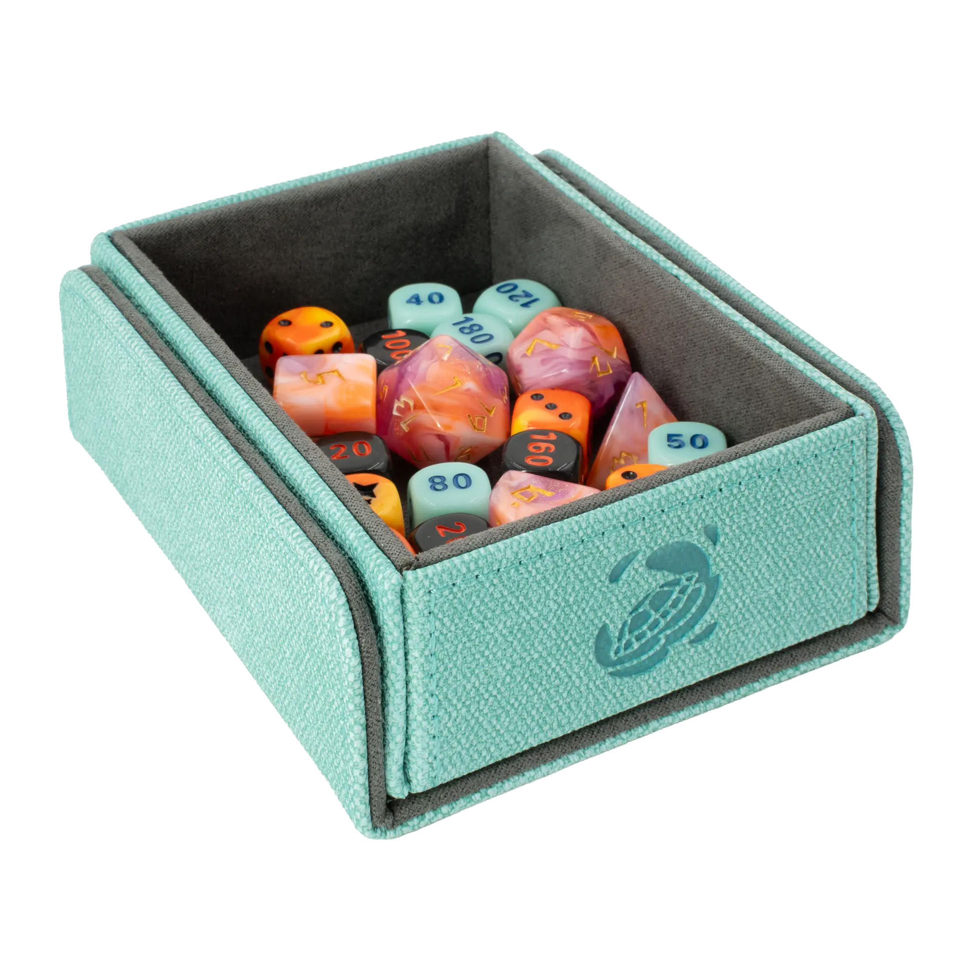 open turquoise resistant denim-like caratex tokencove box for dice, tokens and counters or sleeved tcg trading cards filled with various dice and with removable, magnetic cover clipped to bottom