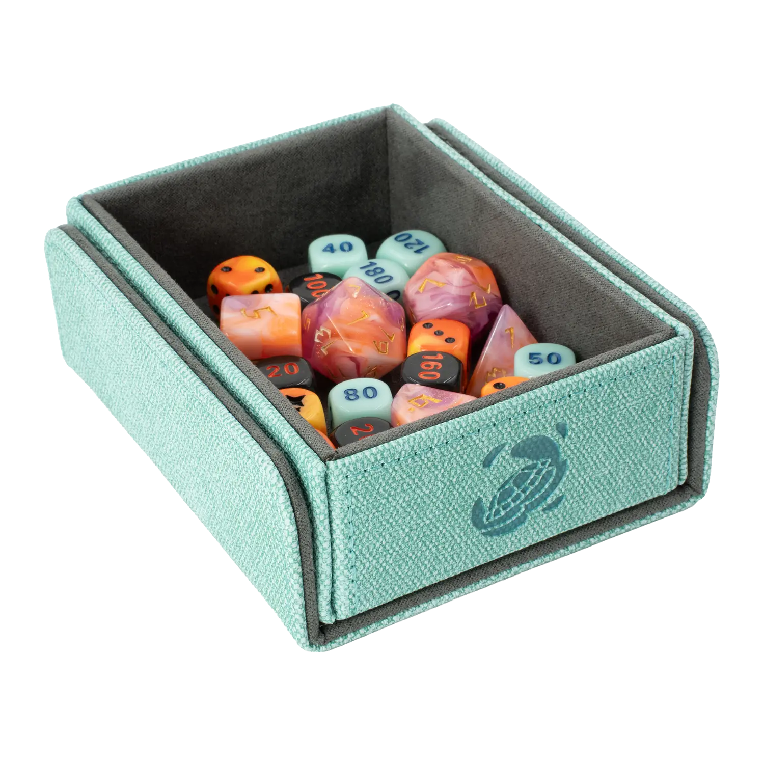 CaraTex TokenCove turquoise open dice and token box filled with colorful dice for trading card and tabletop games