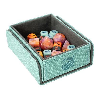 CaraTex TokenCove turquoise open dice and token box filled with colorful dice for trading card and tabletop games