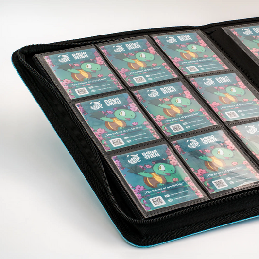 inside view of cards in caratex zip-up album binder for standard and japanese size tcg trading cards with 18 sideloading pockets, 20 double-sided, black pages and 3 extra mesh pockets for toploader card shields or magnetic card holders
