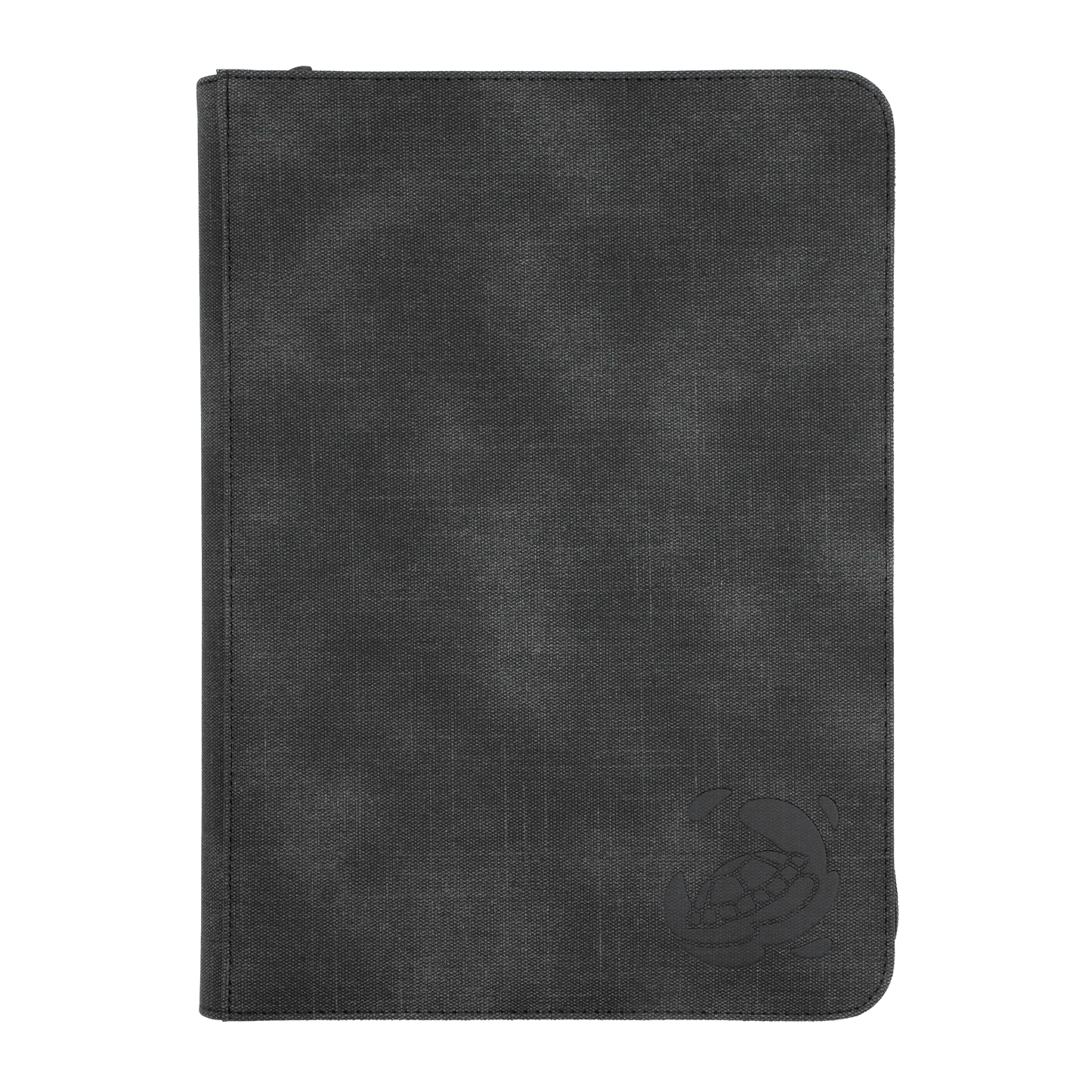 black resistant resistant denim-like zip-up album binder with 18 sideloading pockets per page, 3x3 layout, 20 double-sided, black pages, 3 extra mesh pockets for toploaders, magnetic card holders and sleeves and secure zipper for 360 standard and japanese size tcg trading cards