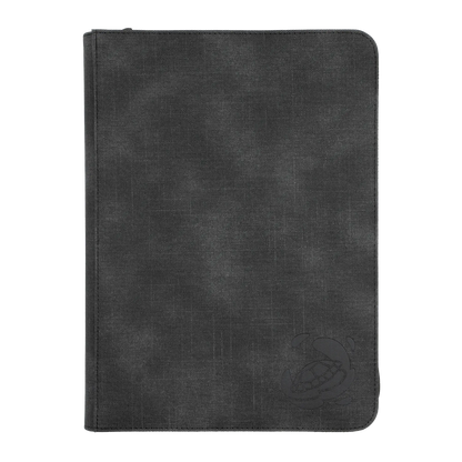 black resistant resistant denim-like zip-up album binder with 18 sideloading pockets per page, 3x3 layout, 20 double-sided, black pages, 3 extra mesh pockets for toploaders, magnetic card holders and sleeves and secure zipper for 360 standard and japanese size tcg trading cards