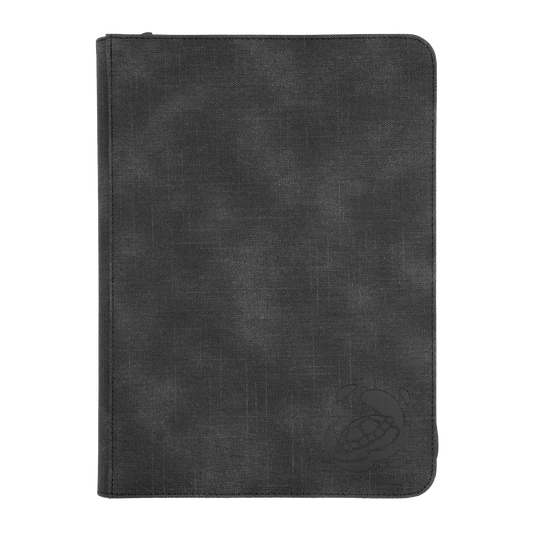 black resistant resistant denim-like zip-up album binder with 18 sideloading pockets per page, 3x3 layout, 20 double-sided, black pages, 3 extra mesh pockets for toploaders, magnetic card holders and sleeves and secure zipper for 360 standard and japanese size tcg trading cards