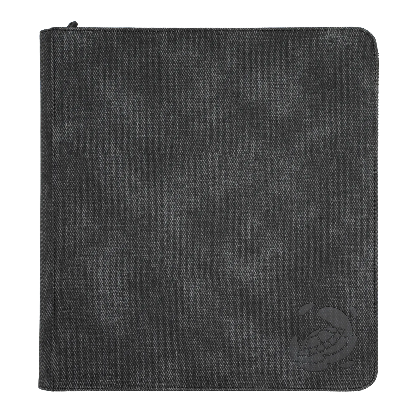 black resistant denim-like zip-up album binder with 24 sideloading pockets per page, 4x3 layout, 20 double-sided, black pages, 3 extra mesh pockets for toploaders, magnetic card holders and sleeves and secure zipper for 480 standard and japanese size tcg trading cards