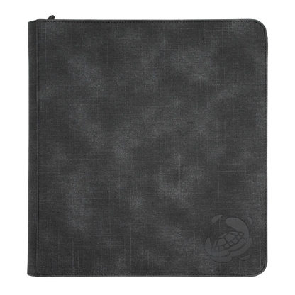 black resistant denim-like zip-up album binder with 24 sideloading pockets per page, 4x3 layout, 20 double-sided, black pages, 3 extra mesh pockets for toploaders, magnetic card holders and sleeves and secure zipper for 480 standard and japanese size tcg trading cards