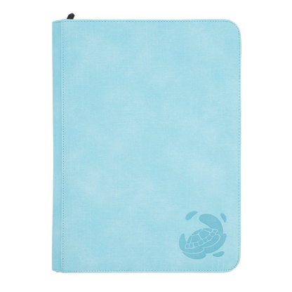 light blue resistant denim-like zip-up album binder with 18 sideloading pockets per page, 3x3 layout, 20 double-sided, black pages, 3 extra mesh pockets for toploaders, magnetic card holders and sleeves and secure zipper for 360 standard and japanese size tcg trading cards