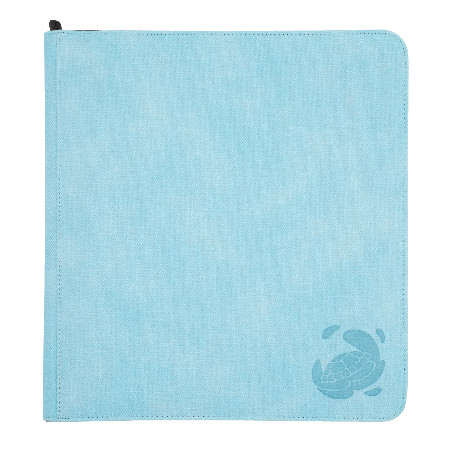 light blue resistant denim-like zip-up album binder with 24 sideloading pockets per page, 4x3 layout, 20 double-sided, black pages, 3 extra mesh pockets for toploaders, magnetic card holders and sleeves and secure zipper for 480 standard and japanese size tcg trading cards