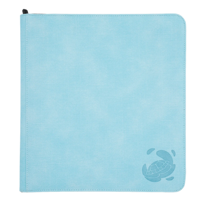 light blue resistant denim-like zip-up album binder with 24 sideloading pockets per page, 4x3 layout, 20 double-sided, black pages, 3 extra mesh pockets for toploaders, magnetic card holders and sleeves and secure zipper for 480 standard and japanese size tcg trading cards