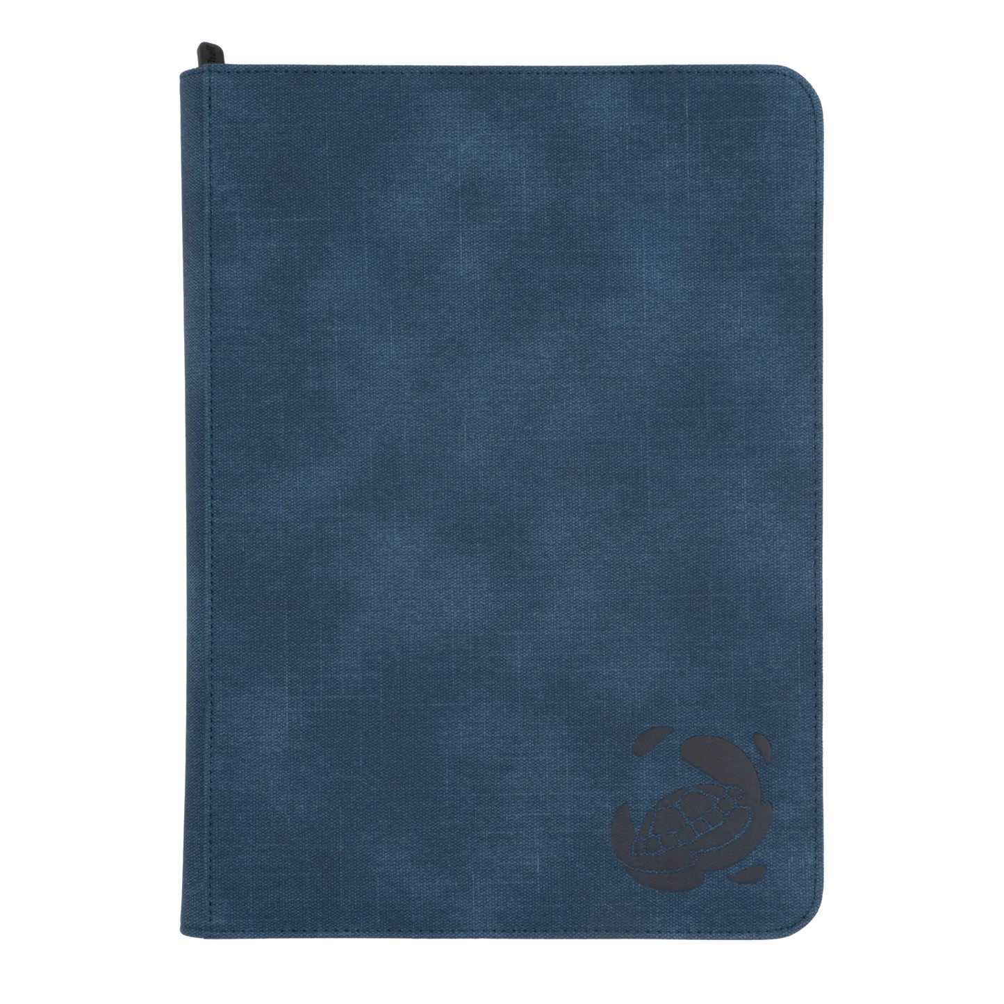 night blue resistant denim-like zip-up album binder with 18 sideloading pockets per page, 3x3 layout, 20 double-sided, black pages, 3 extra mesh pockets for toploaders, magnetic card holders and sleeves and secure zipper for 360 standard and japanese size tcg trading cards