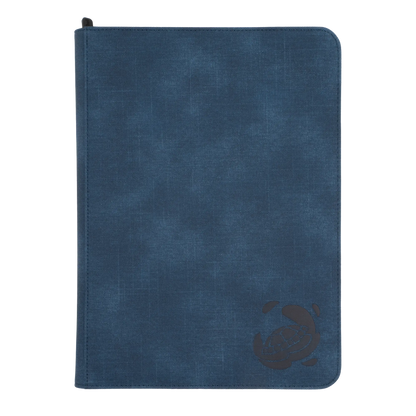 night blue resistant denim-like zip-up album binder with 18 sideloading pockets per page, 3x3 layout, 20 double-sided, black pages, 3 extra mesh pockets for toploaders, magnetic card holders and sleeves and secure zipper for 360 standard and japanese size tcg trading cards