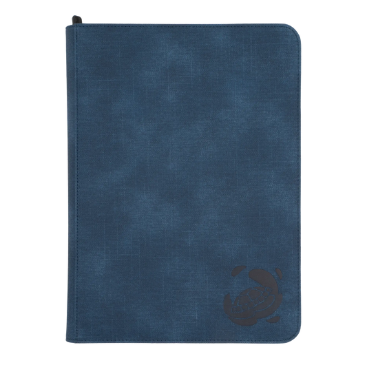 night blue resistant denim-like zip-up album binder with 18 sideloading pockets per page, 3x3 layout, 20 double-sided, black pages, 3 extra mesh pockets for toploaders, magnetic card holders and sleeves and secure zipper for 360 standard and japanese size tcg trading cards