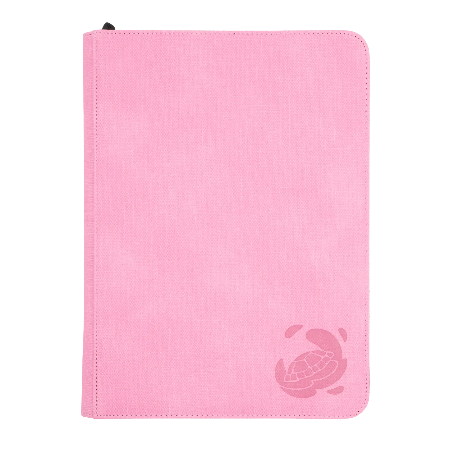 pastel pink resistant denim-like zip-up album binder with 18 sideloading pockets per page, 3x3 layout, 20 double-sided, black pages, 3 extra mesh pockets for toploaders, magnetic card holders and sleeves and secure zipper for 360 standard and japanese size tcg trading cards