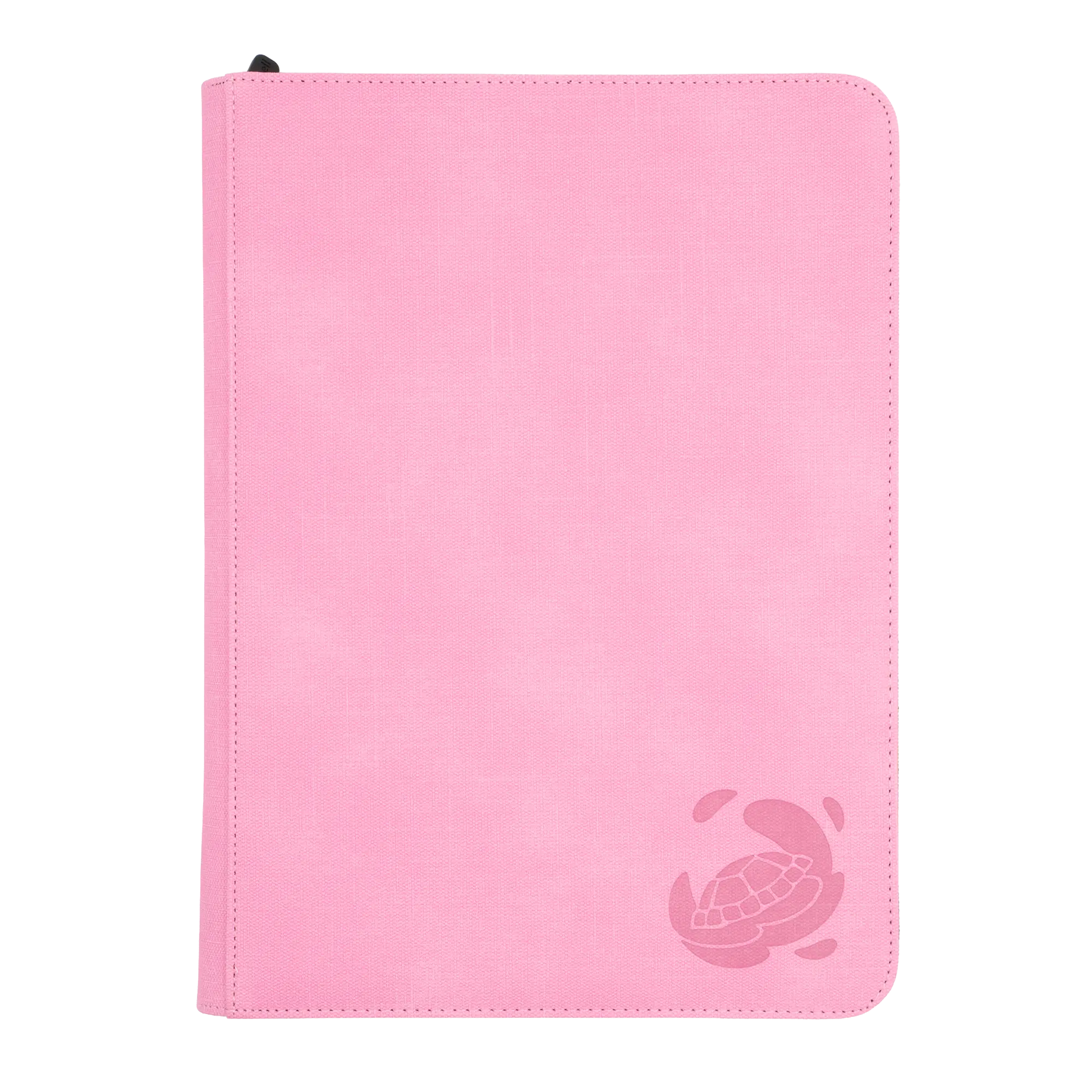 pastel pink resistant denim-like zip-up album binder with 18 sideloading pockets per page, 3x3 layout, 20 double-sided, black pages, 3 extra mesh pockets for toploaders, magnetic card holders and sleeves and secure zipper for 360 standard and japanese size tcg trading cards
