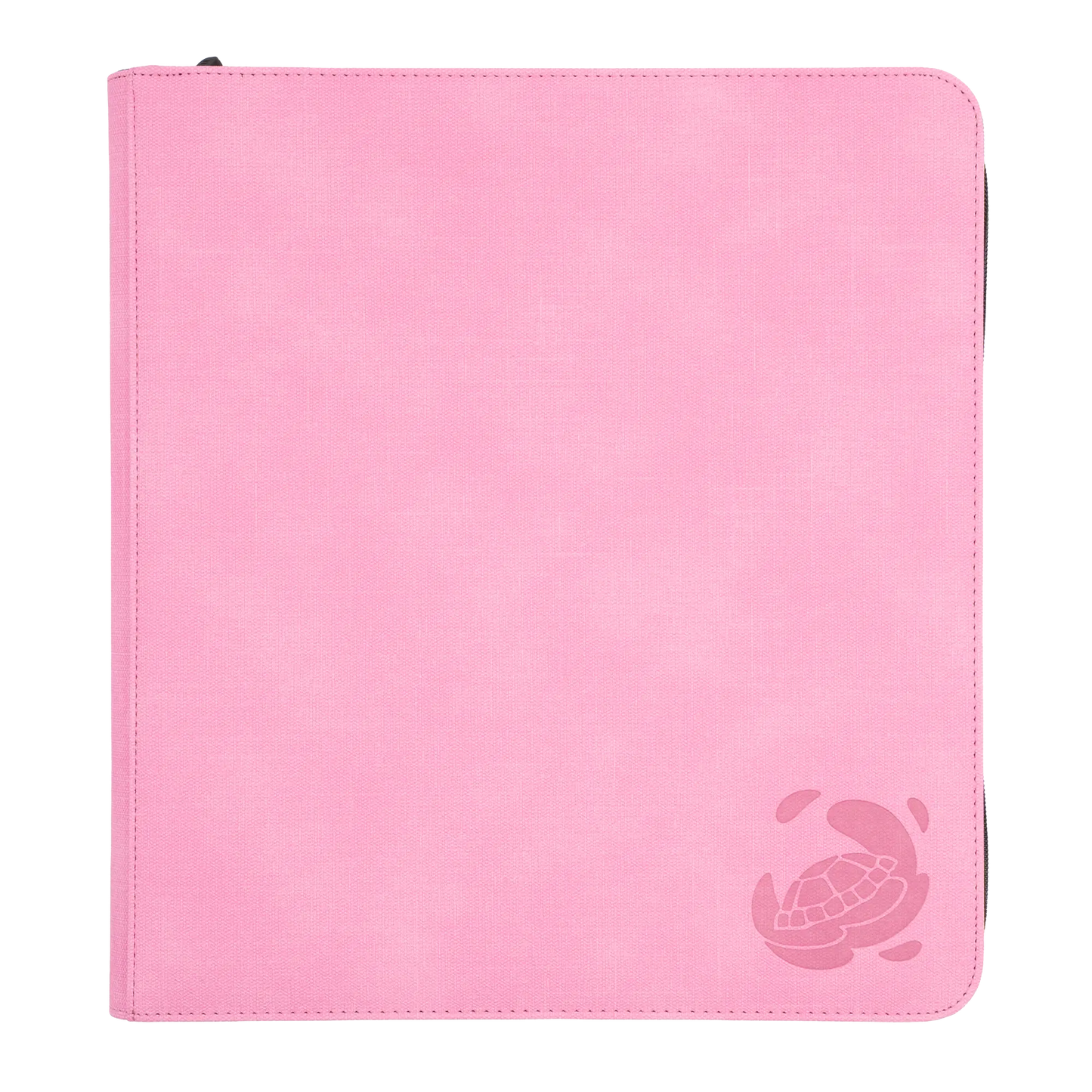 pastel pink resistant denim-like zip-up album binder with 24 sideloading pockets per page, 4x3 layout, 20 double-sided, black pages, 3 extra mesh pockets for toploaders, magnetic card holders and sleeves and secure zipper for 480 standard and japanese size tcg trading cards