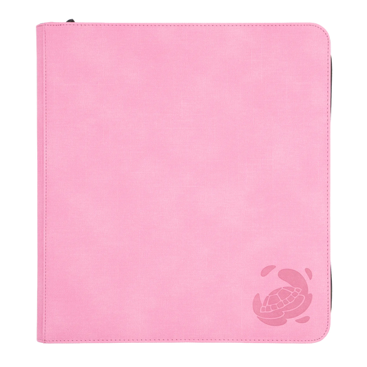 pastel pink resistant denim-like zip-up album binder with 24 sideloading pockets per page, 4x3 layout, 20 double-sided, black pages, 3 extra mesh pockets for toploaders, magnetic card holders and sleeves and secure zipper for 480 standard and japanese size tcg trading cards