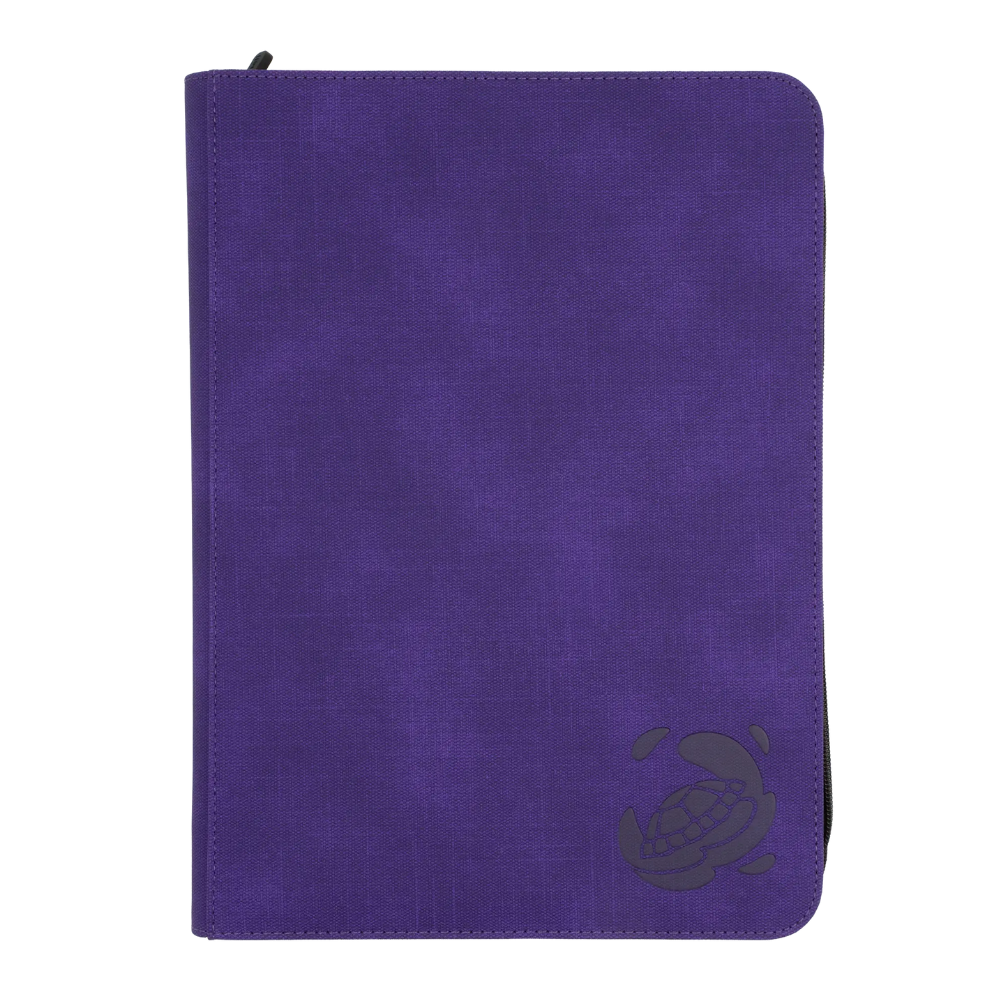purple resistant denim-like zip-up album binder with 18 sideloading pockets per page, 3x3 layout, 20 double-sided, black pages, 3 extra mesh pockets for toploaders, magnetic card holders and sleeves and secure zipper for 360 standard and japanese size tcg trading cards