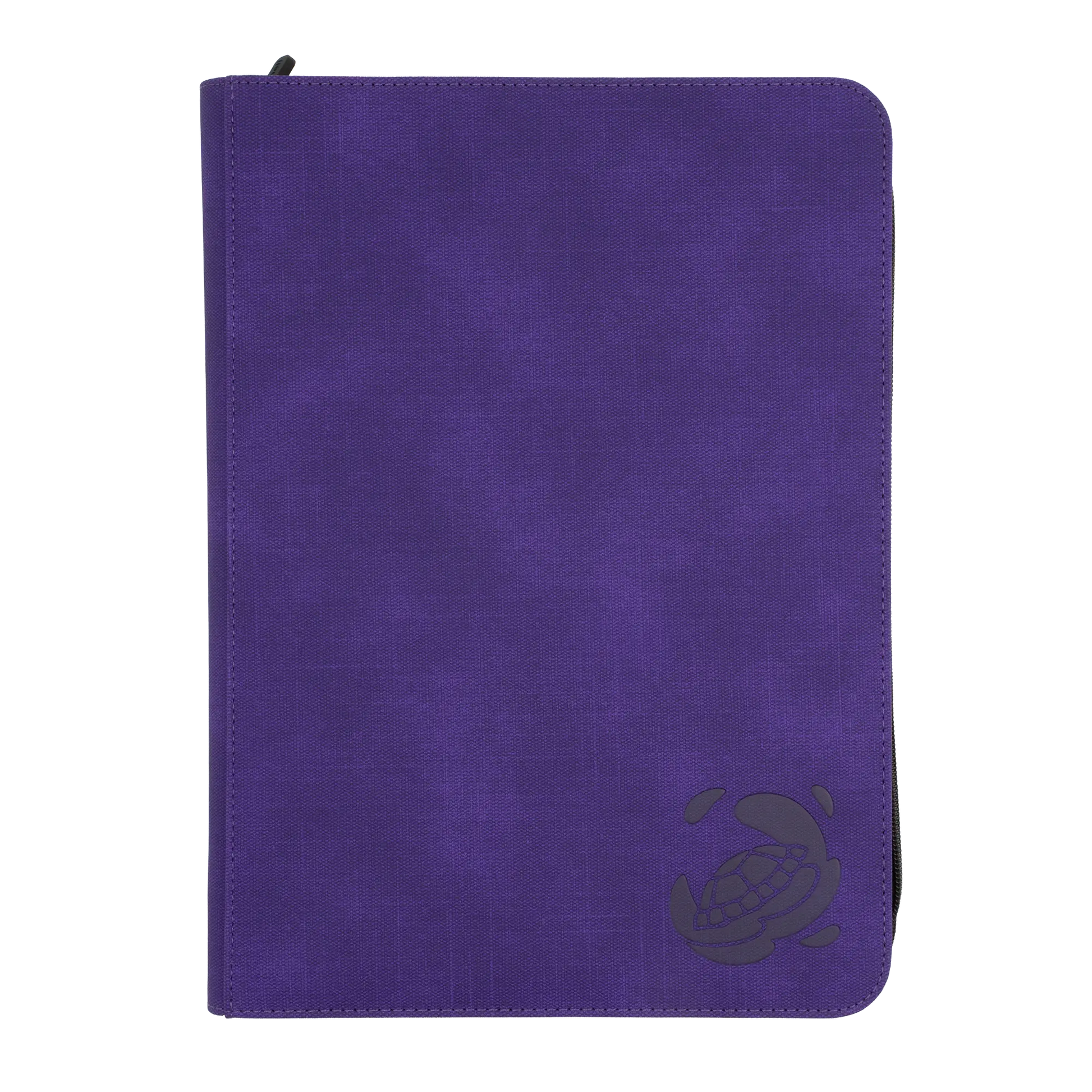 purple resistant denim-like zip-up album binder with 18 sideloading pockets per page, 3x3 layout, 20 double-sided, black pages, 3 extra mesh pockets for toploaders, magnetic card holders and sleeves and secure zipper for 360 standard and japanese size tcg trading cards