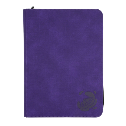 purple resistant denim-like zip-up album binder with 18 sideloading pockets per page, 3x3 layout, 20 double-sided, black pages, 3 extra mesh pockets for toploaders, magnetic card holders and sleeves and secure zipper for 360 standard and japanese size tcg trading cards