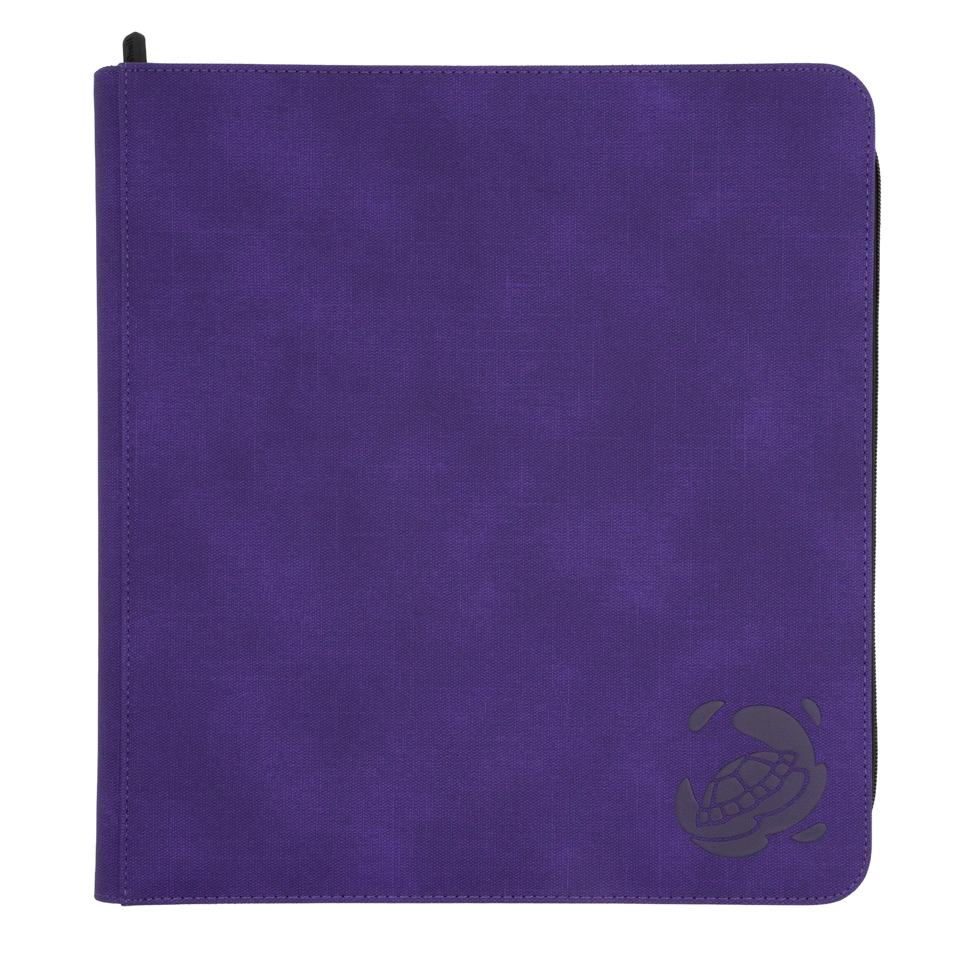 purple resistant denim-like zip-up album binder with 24 sideloading pockets per page, 4x3 layout, 20 double-sided, black pages, 3 extra mesh pockets for toploaders, magnetic card holders and sleeves and secure zipper for 480 standard and japanese size tcg trading cards