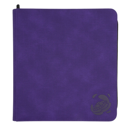 purple resistant denim-like zip-up album binder with 24 sideloading pockets per page, 4x3 layout, 20 double-sided, black pages, 3 extra mesh pockets for toploaders, magnetic card holders and sleeves and secure zipper for 480 standard and japanese size tcg trading cards