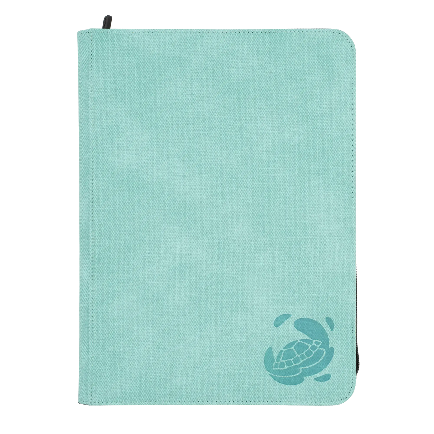 turquoise resistant denim-like zip-up album binder with 18 sideloading pockets per page, 3x3 layout, 20 double-sided, black pages, 3 extra mesh pockets for toploaders, magnetic card holders and sleeves and secure zipper for 360 standard and japanese size tcg trading cards