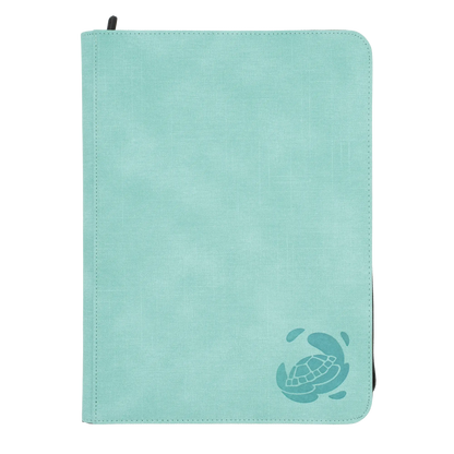 turquoise resistant denim-like zip-up album binder with 18 sideloading pockets per page, 3x3 layout, 20 double-sided, black pages, 3 extra mesh pockets for toploaders, magnetic card holders and sleeves and secure zipper for 360 standard and japanese size tcg trading cards