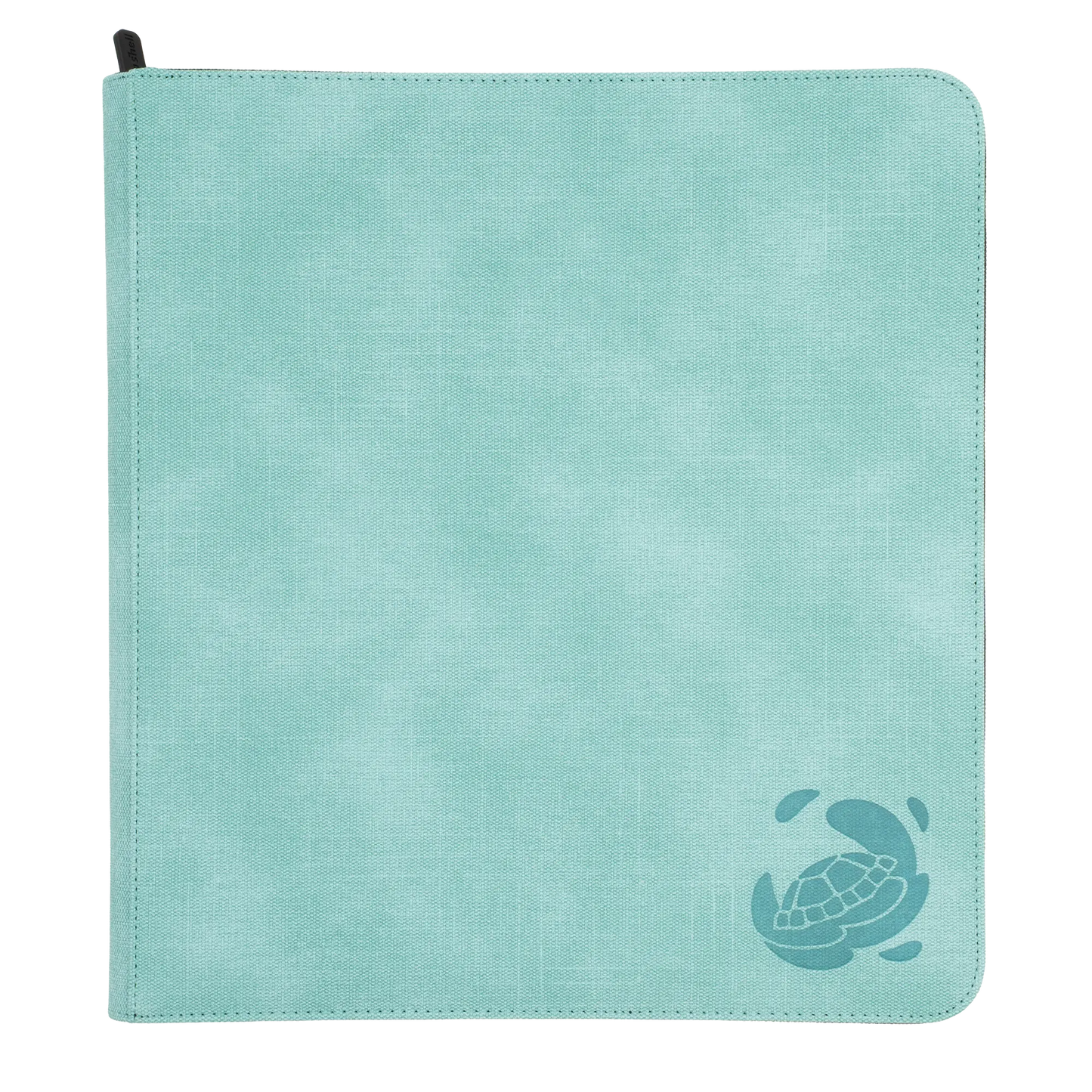 turquoise resistant denim-like zip-up album binder with 24 sideloading pockets per page, 4x3 layout, 20 double-sided, black pages, 3 extra mesh pockets for toploaders, magnetic card holders and sleeves and secure zipper for 480 standard and japanese size tcg trading cards