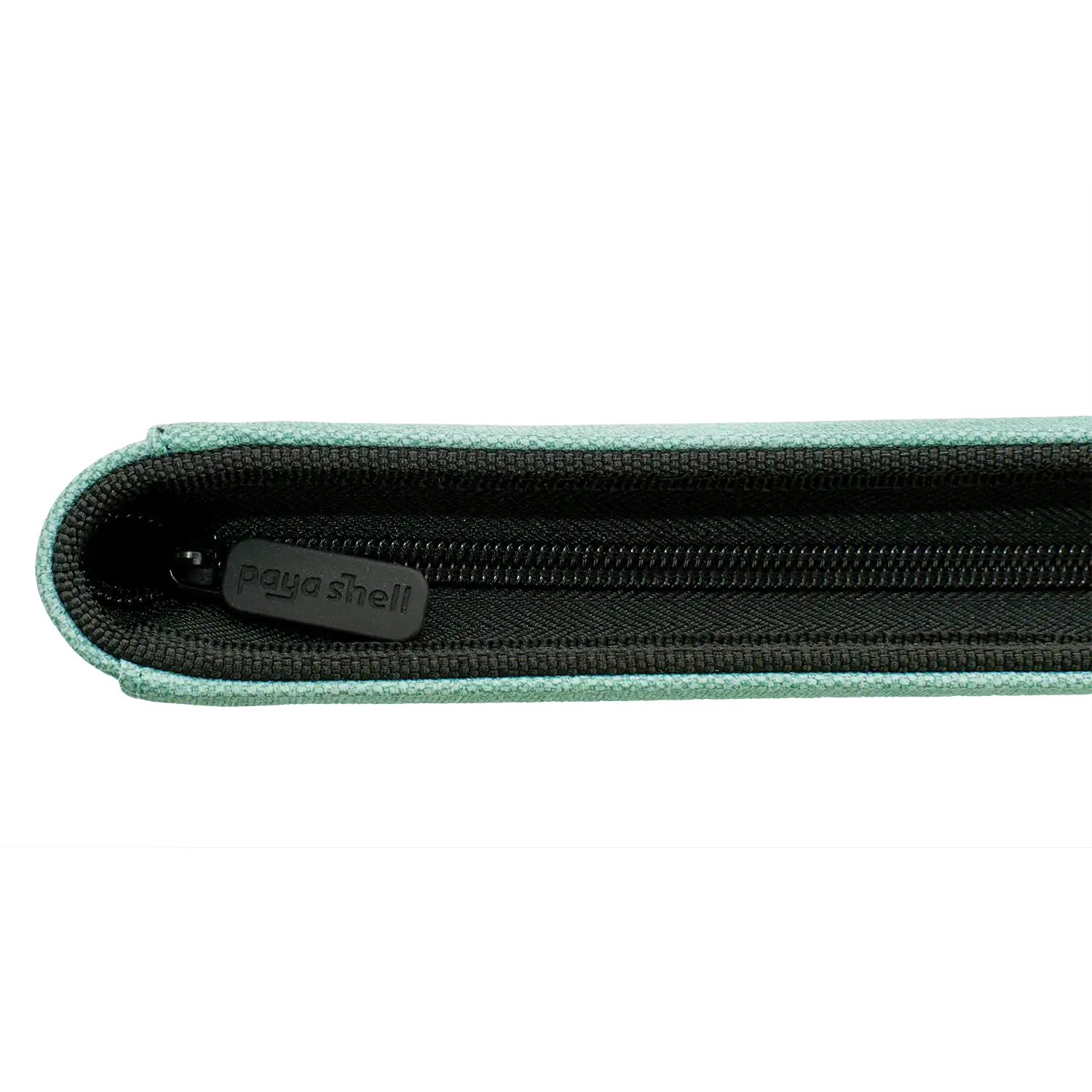 zipper view of turquoise resistant denim-like caratex zip-up album binder with sideloading pockets, 20 double-sided, black pages, 3 extra mesh pockets for toploaders, magnetic card holders and sleeves and secure zipper for standard and japanese size tcg trading cards