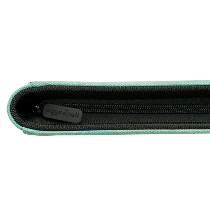 zipper view of turquoise resistant denim-like caratex zip-up album binder with sideloading pockets, 20 double-sided, black pages, 3 extra mesh pockets for toploaders, magnetic card holders and sleeves and secure zipper for standard and japanese size tcg trading cards