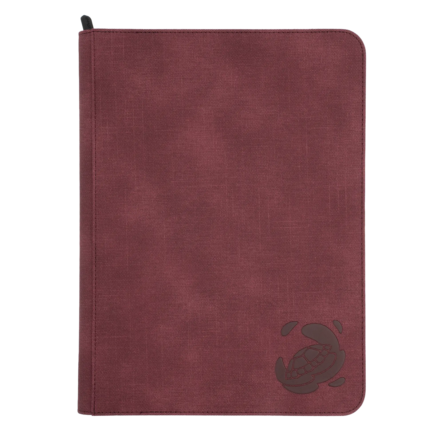 wine red resistant denim-like zip-up album binder with 18 sideloading pockets per page, 3x3 layout, 20 double-sided, black pages, 3 extra mesh pockets for toploaders, magnetic card holders and sleeves and secure zipper for 360 standard and japanese size tcg trading cards