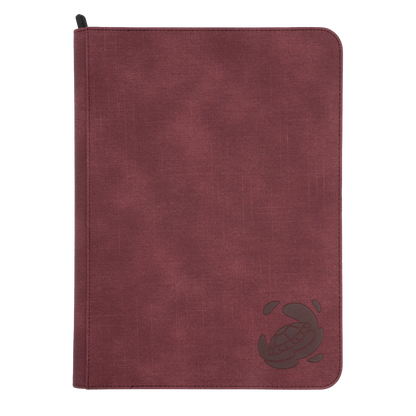 wine red resistant denim-like zip-up album binder with 18 sideloading pockets per page, 3x3 layout, 20 double-sided, black pages, 3 extra mesh pockets for toploaders, magnetic card holders and sleeves and secure zipper for 360 standard and japanese size tcg trading cards