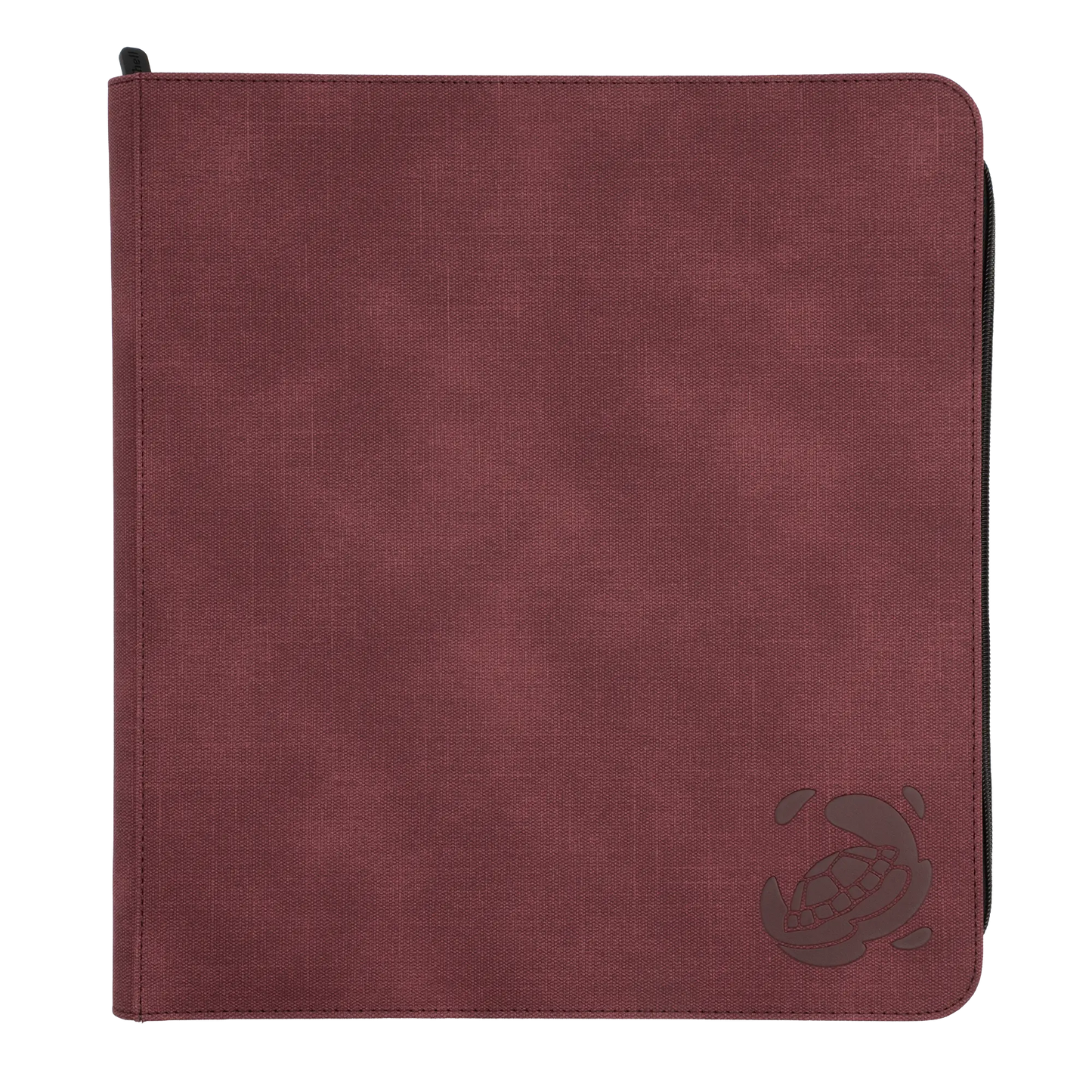 wine red resistant denim-like zip-up album binder with 24 sideloading pockets per page, 4x3 layout, 20 double-sided, black pages, 3 extra mesh pockets for toploaders, magnetic card holders and sleeves and secure zipper for 480 standard and japanese size tcg trading cards