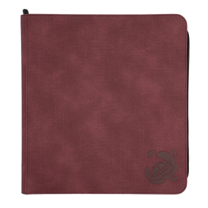wine red resistant denim-like zip-up album binder with 24 sideloading pockets per page, 4x3 layout, 20 double-sided, black pages, 3 extra mesh pockets for toploaders, magnetic card holders and sleeves and secure zipper for 480 standard and japanese size tcg trading cards