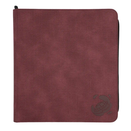 wine red resistant denim-like zip-up album binder with 24 sideloading pockets per page, 4x3 layout, 20 double-sided, black pages, 3 extra mesh pockets for toploaders, magnetic card holders and sleeves and secure zipper for 480 standard and japanese size tcg trading cards