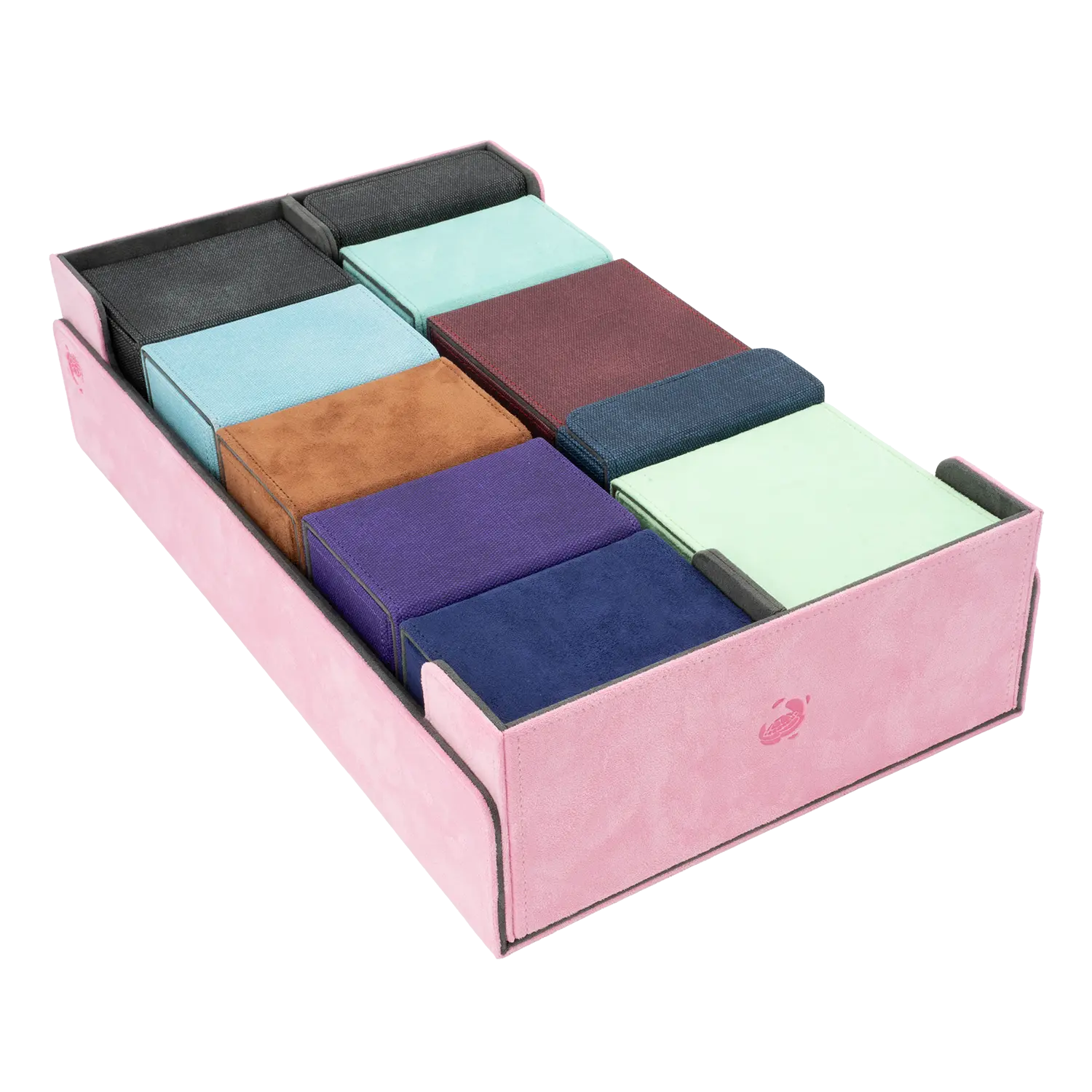 Resiplush BoxBay 1000 pastel pink TCG storage box filled with assorted deck boxes for trading card game decks