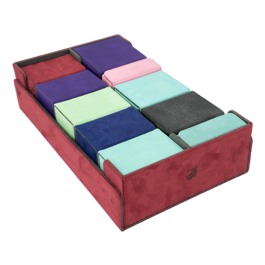 open wine red soft resiplush boxbay 1000+ mass storage box filled with various tcg trading card game deck boxes and accessories with removable, magnetic cover clipped to bottom