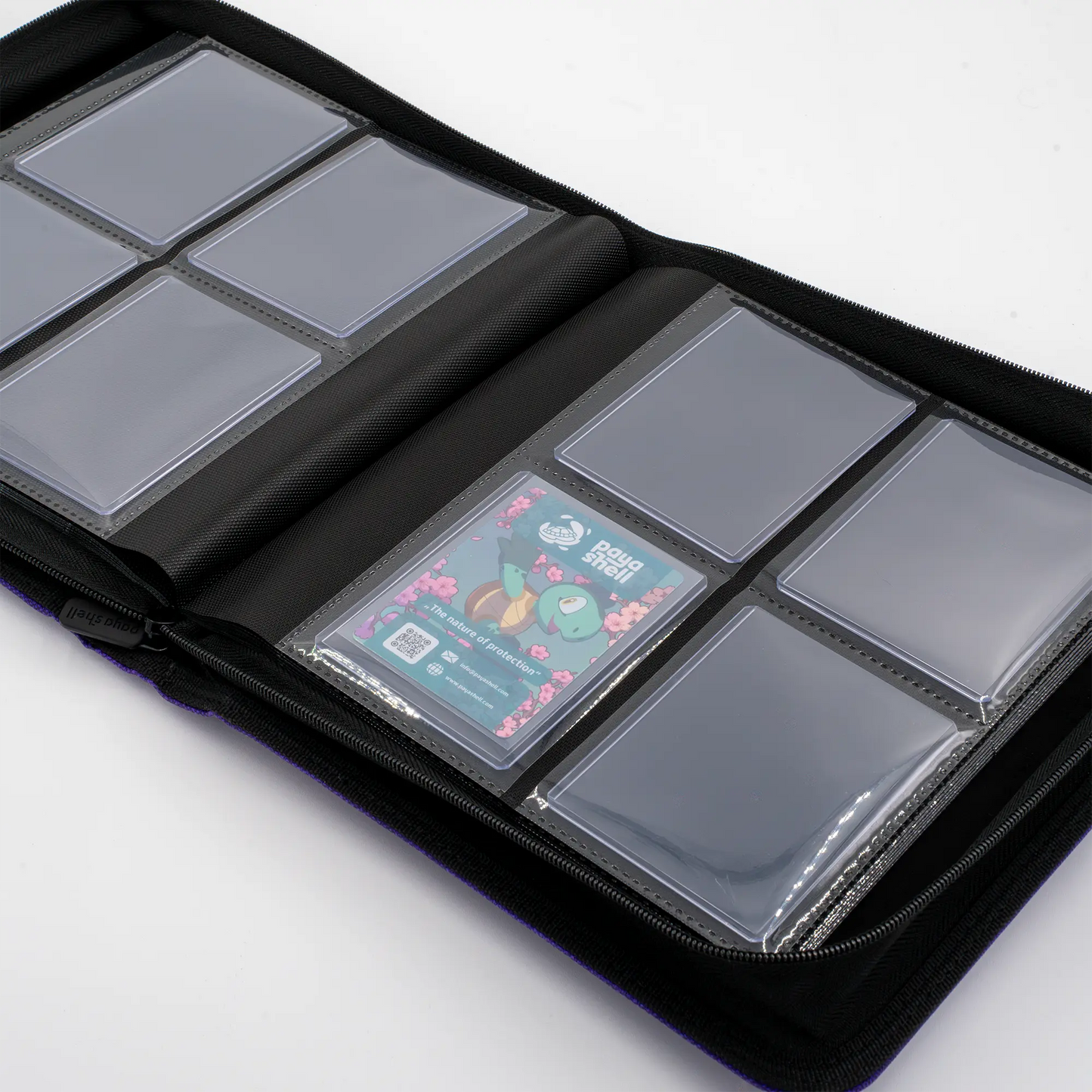 inside view of resiplush card shield zip-up album binder for standard and japanese size tcg trading cards in toploader card shields with 8 sideloading pockets and 20 double-sided black pages 