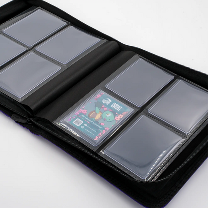 inside view of resiplush card shield zip-up album binder for standard and japanese size tcg trading cards in toploader card shields with 8 sideloading pockets and 20 double-sided black pages 