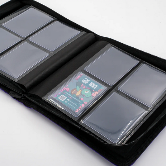 inside view of resiplush card shield zip-up album binder for standard and japanese size tcg trading cards in toploader card shields with 8 sideloading pockets and 20 double-sided black pages 
