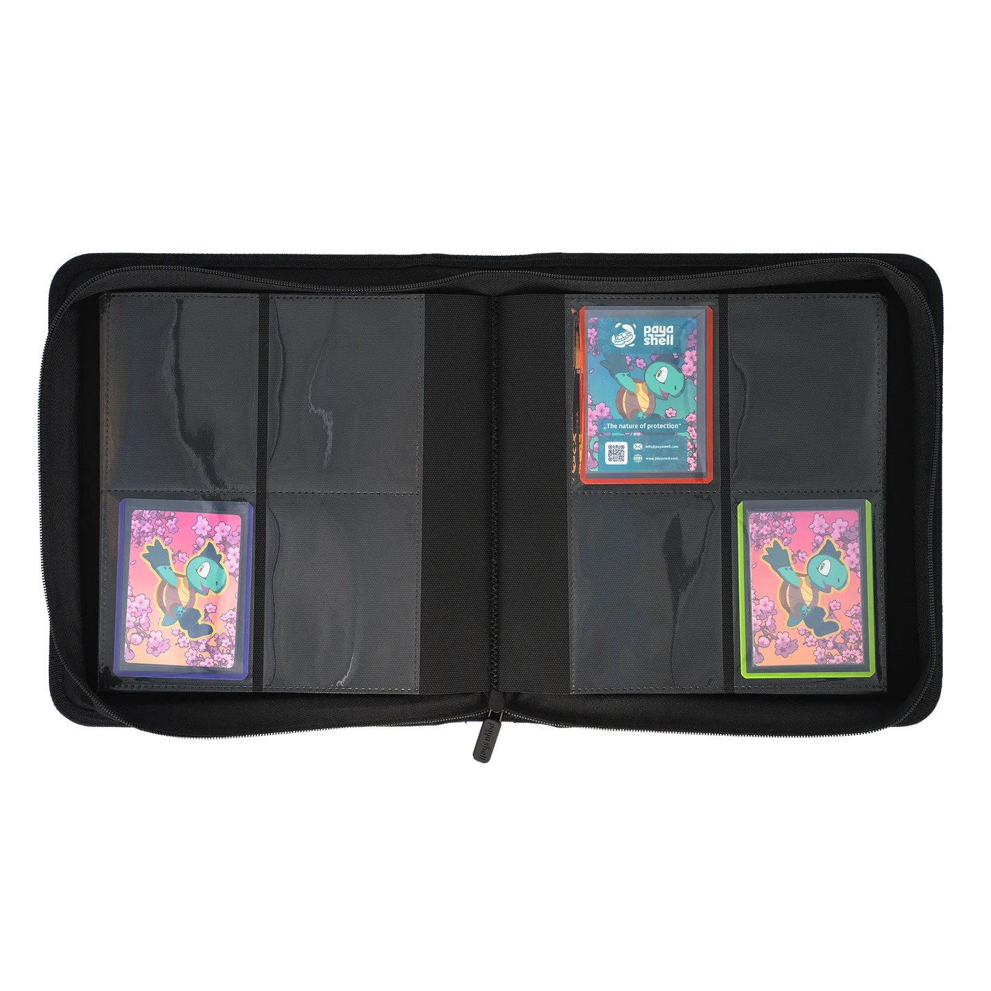 full inside view of resiplush card shield zip-up album binder for standard and japanese size tcg trading cards in toploader card shields with 8 sideloading pockets and 20 double-sided black pages 