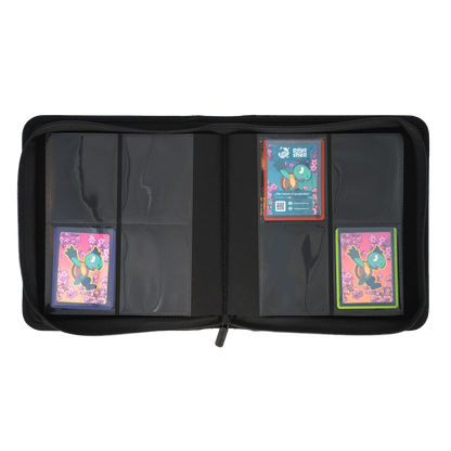 full inside view of resiplush card shield zip-up album binder for standard and japanese size tcg trading cards in toploader card shields with 8 sideloading pockets and 20 double-sided black pages 