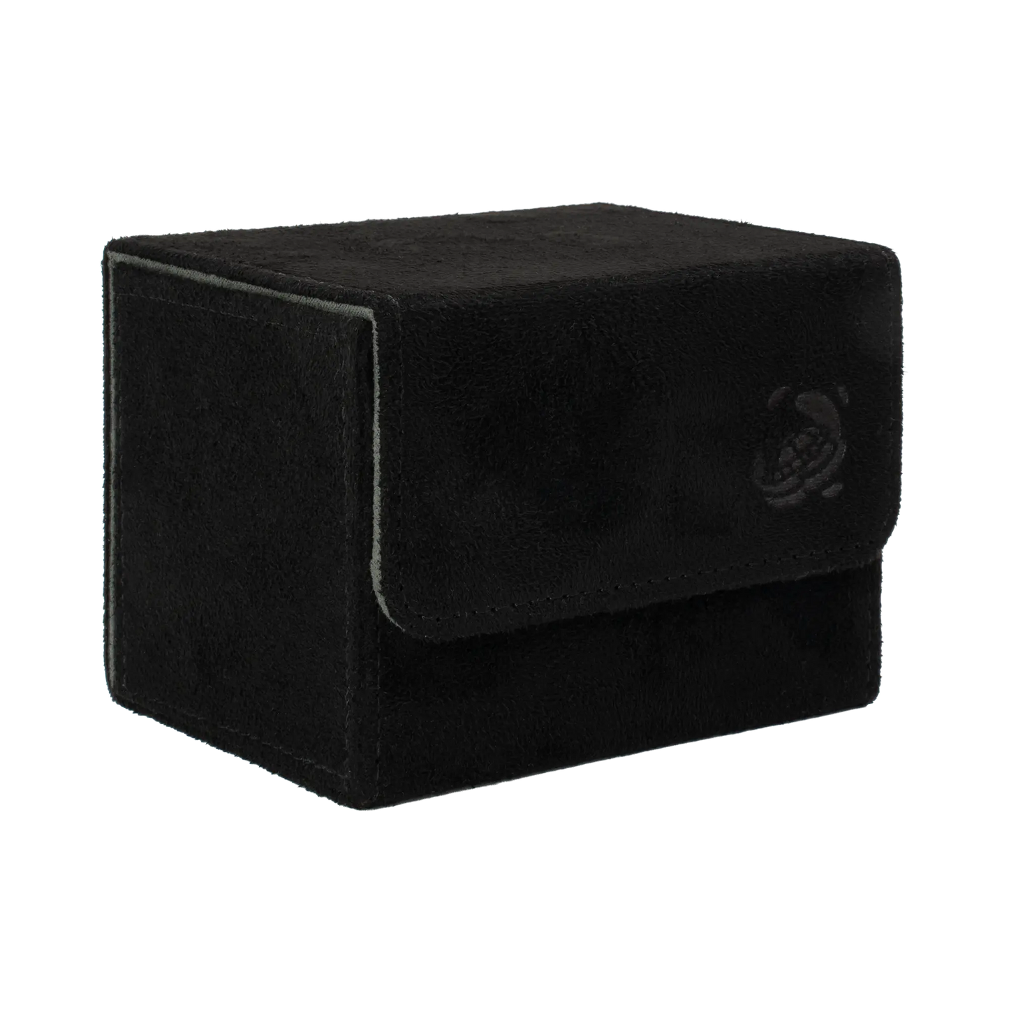 closed black soft resiplush cardcove 100+ deck box with magnetic cover and extra-wide interior for outer sleeves that fits up to 100 double-sleeved or 120 single-sleeved standard or japanese size tcg trading cards